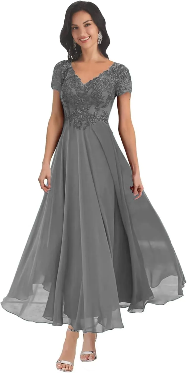 BONOYUER V Neck Mother of The Bride Dresses with Sleeves for Wedding Lace Applique Chiffon Long Evening Formal Gown