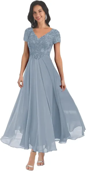 BONOYUER V Neck Mother of The Bride Dresses with Sleeves for Wedding Lace Applique Chiffon Long Evening Formal Gown
