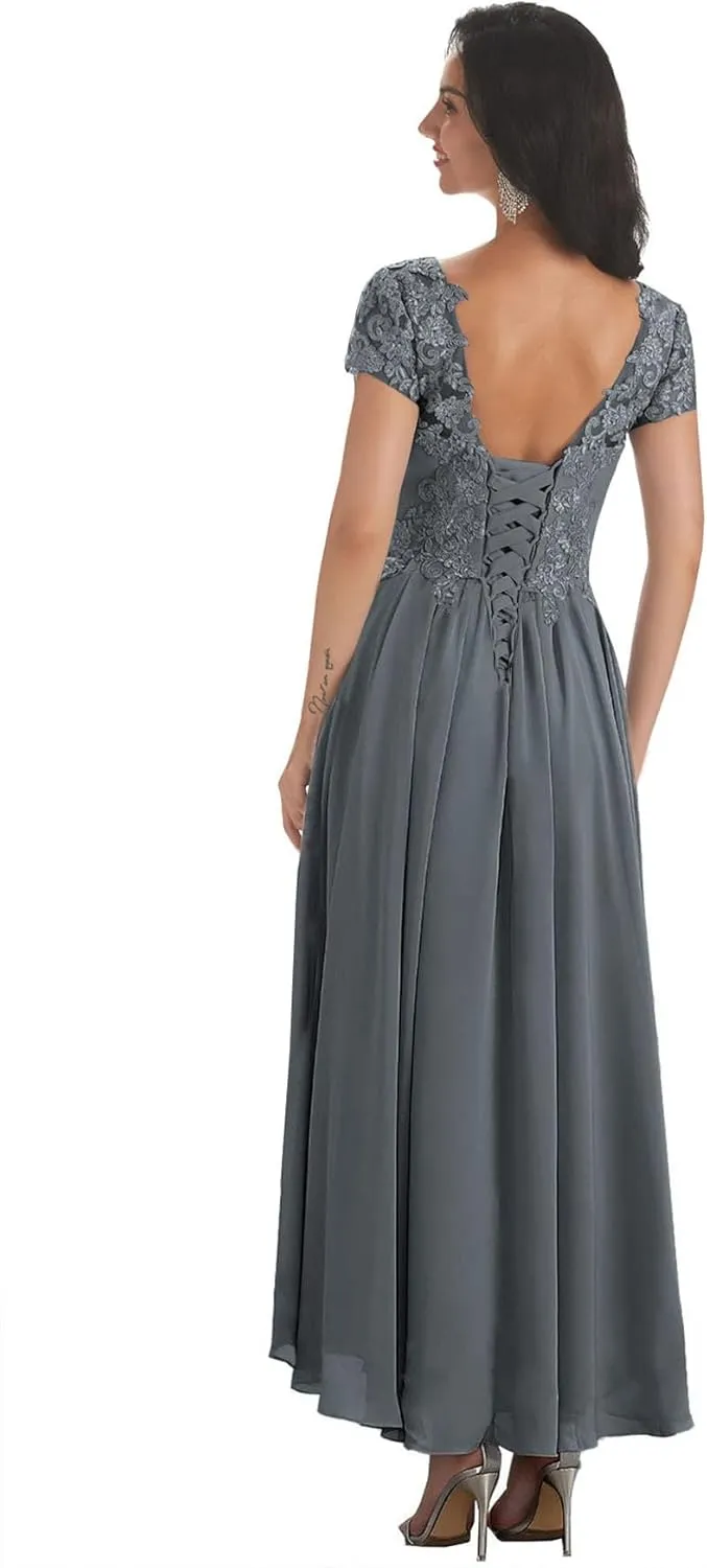 BONOYUER V Neck Mother of The Bride Dresses with Sleeves for Wedding Lace Applique Chiffon Long Evening Formal Gown