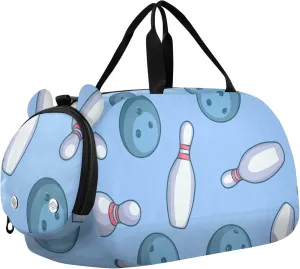 Bowling Balls and Pins Blue Sports Duffle Bag for Girls Boys, Gym Bag with Shoe Compartment, Kids Travel Overnight Weekender Shoulder Bag