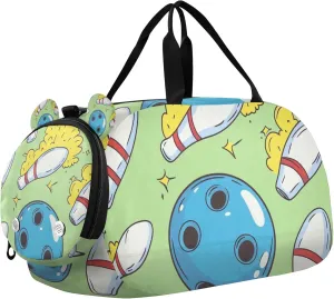 Bowling Balls and Pins Green Duffle Bag for Toddler Girls Boys, Sports Gym Bag with Shoe Compartments, Kids Travel Overnight Weekender Shoulder Bag