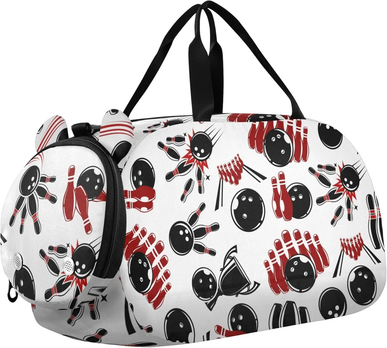 Bowling Balls and Pins Sports Duffle Bag for Girls Boys, Gym Bag with Shoe Compartment, Kids Travel Overnight Weekender Shoulder Bag