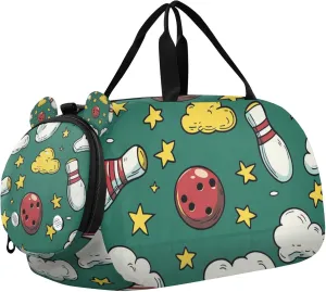 Bowling Balls and Pins Stars Cartoon Sports Duffle Bag for Kids Girls Boys, Gym Bag with Shoe Compartment, Kids Travel Overnight Weekender Shoulder Bag