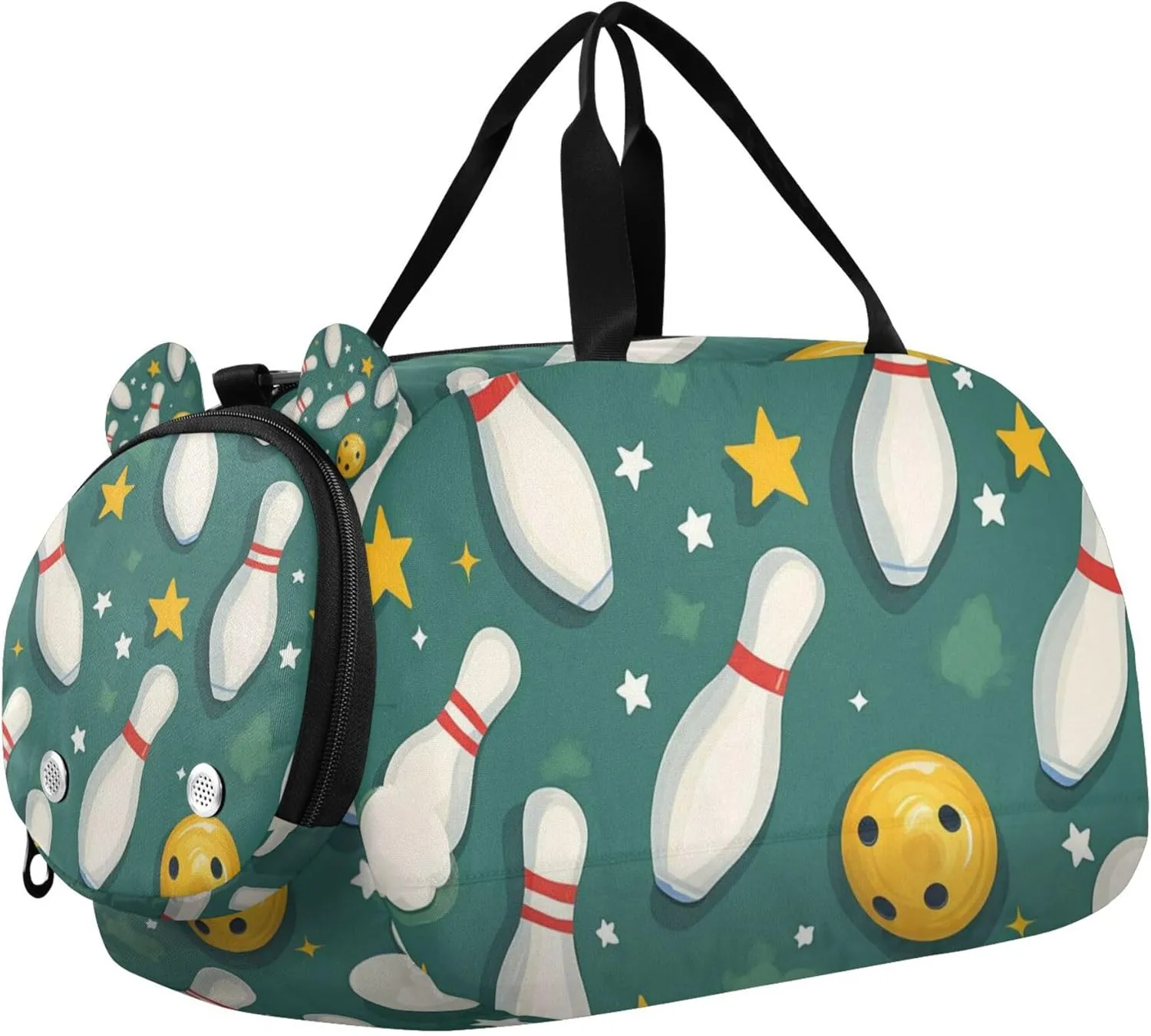Bowling Balls and Pins Stars Sports Duffle Bag for Teens Girls Boys, Gym Bag with Shoe Compartment, Kids Travel Overnight Weekender Shoulder Bag