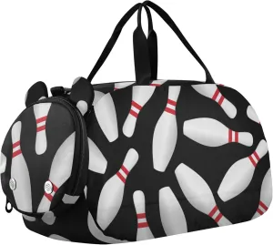 Bowling Black Sports Duffle Bag for Girls Boys, Gym Bag with Shoe Compartment, Kids Travel Overnight Weekender Shoulder Bag