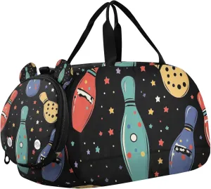 Bowling Colorful Duffle Bag for Toddler Boys Girls, Gym Sports Bag with Shoe Compartments, Kids Travel Overnight Weekender Shoulder Bag