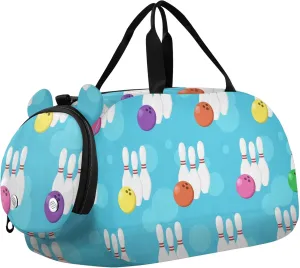 Bowling Pins and Balls Blue Sports Duffle Bag for Girls Boys, Gym Bag with Shoe Compartment, Kids Travel Overnight Weekender Shoulder Bag