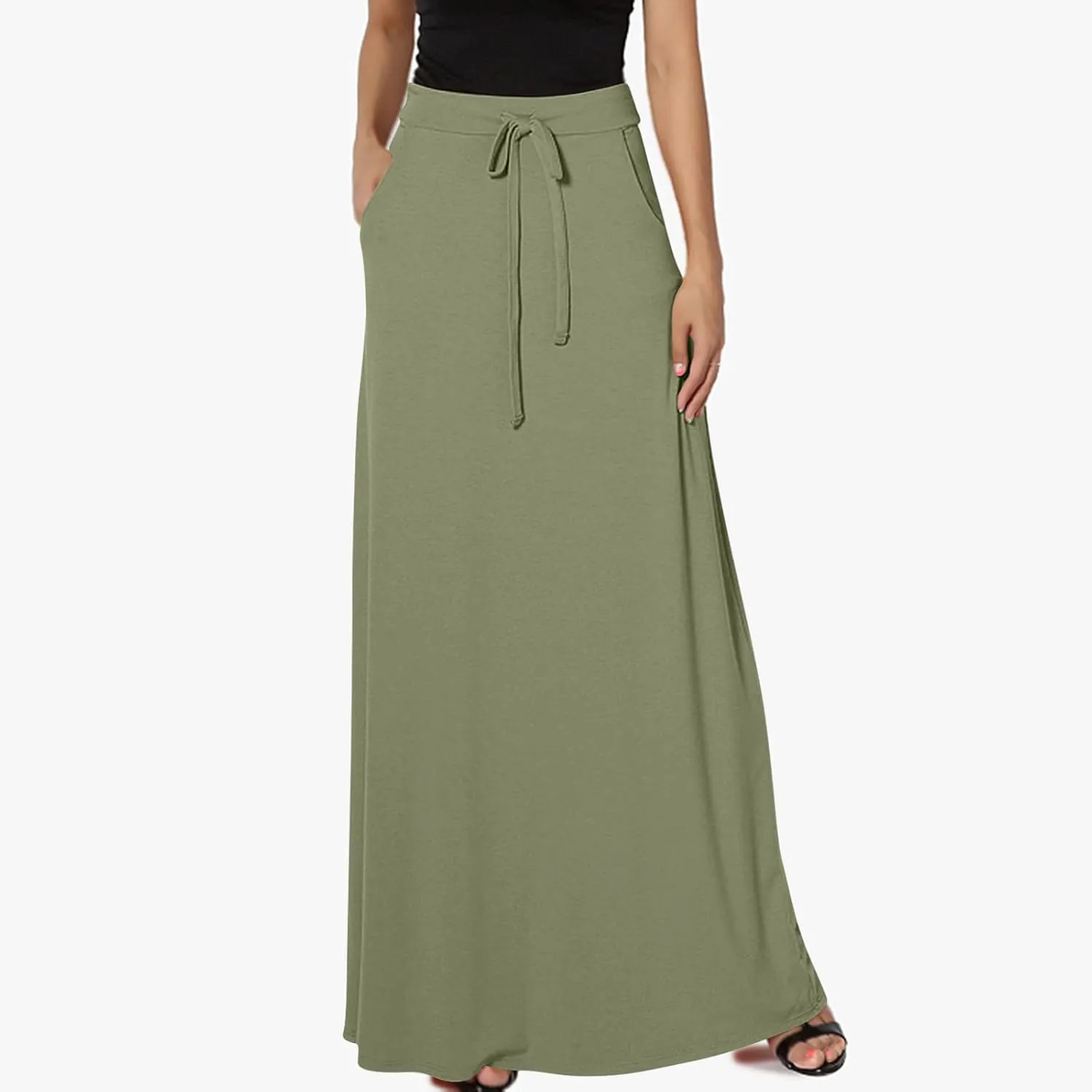 BTDECLAR Women Trendy Summer Maxi Skirt Elegant Elastic High Waisted Flowy Skirts Business Casual Long Skirts with Pockets
