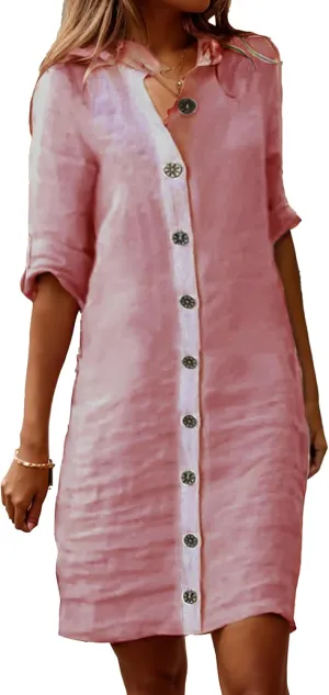 Button Down Dress for Women Casual Linen Flowy Shift Midi Dress Summer V Neck Half Sleeve Loose Beach Shirt Dresses