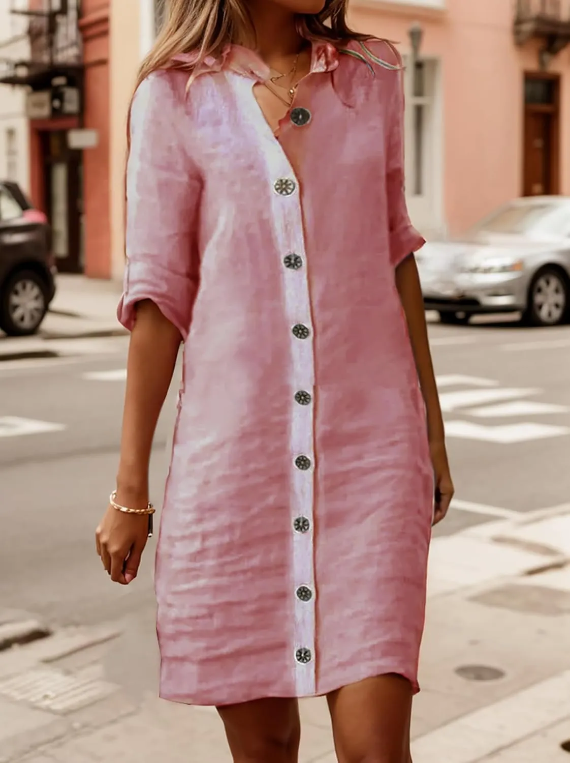 Button Down Dress for Women Casual Linen Flowy Shift Midi Dress Summer V Neck Half Sleeve Loose Beach Shirt Dresses