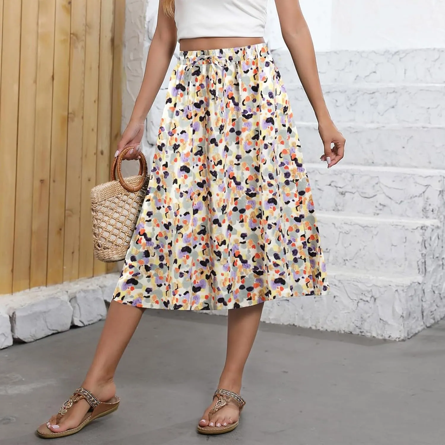 Casual Summer Skirts for Women Floral Midi Skirts Drawstring Elastic Waist Knee Length Skirt A Line Skirt with Pocket