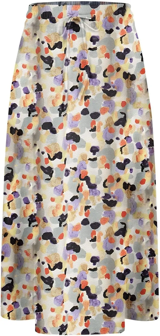 Casual Summer Skirts for Women Floral Midi Skirts Drawstring Elastic Waist Knee Length Skirt A Line Skirt with Pocket