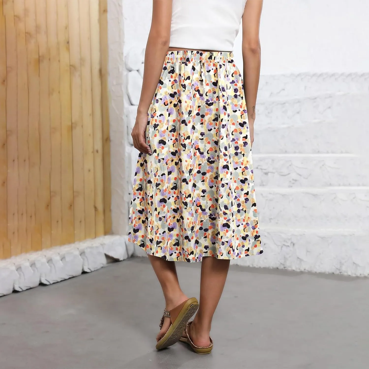 Casual Summer Skirts for Women Floral Midi Skirts Drawstring Elastic Waist Knee Length Skirt A Line Skirt with Pocket