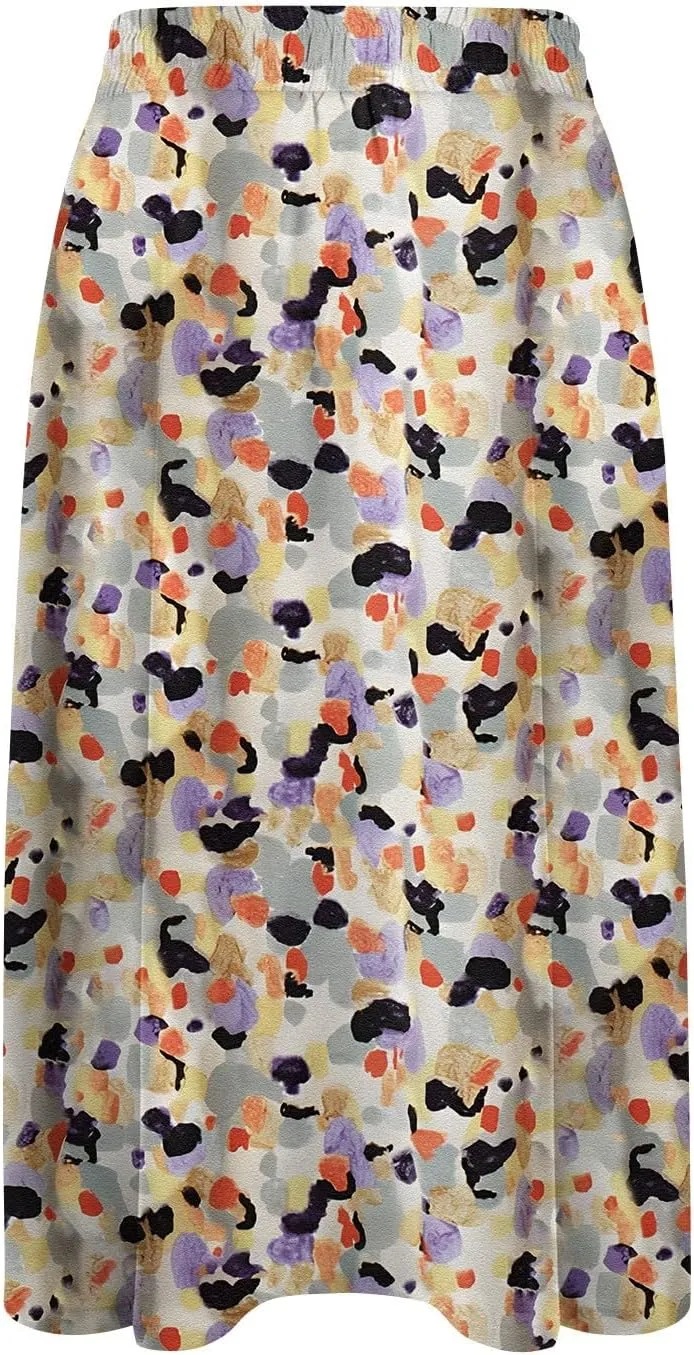 Casual Summer Skirts for Women Floral Midi Skirts Drawstring Elastic Waist Knee Length Skirt A Line Skirt with Pocket