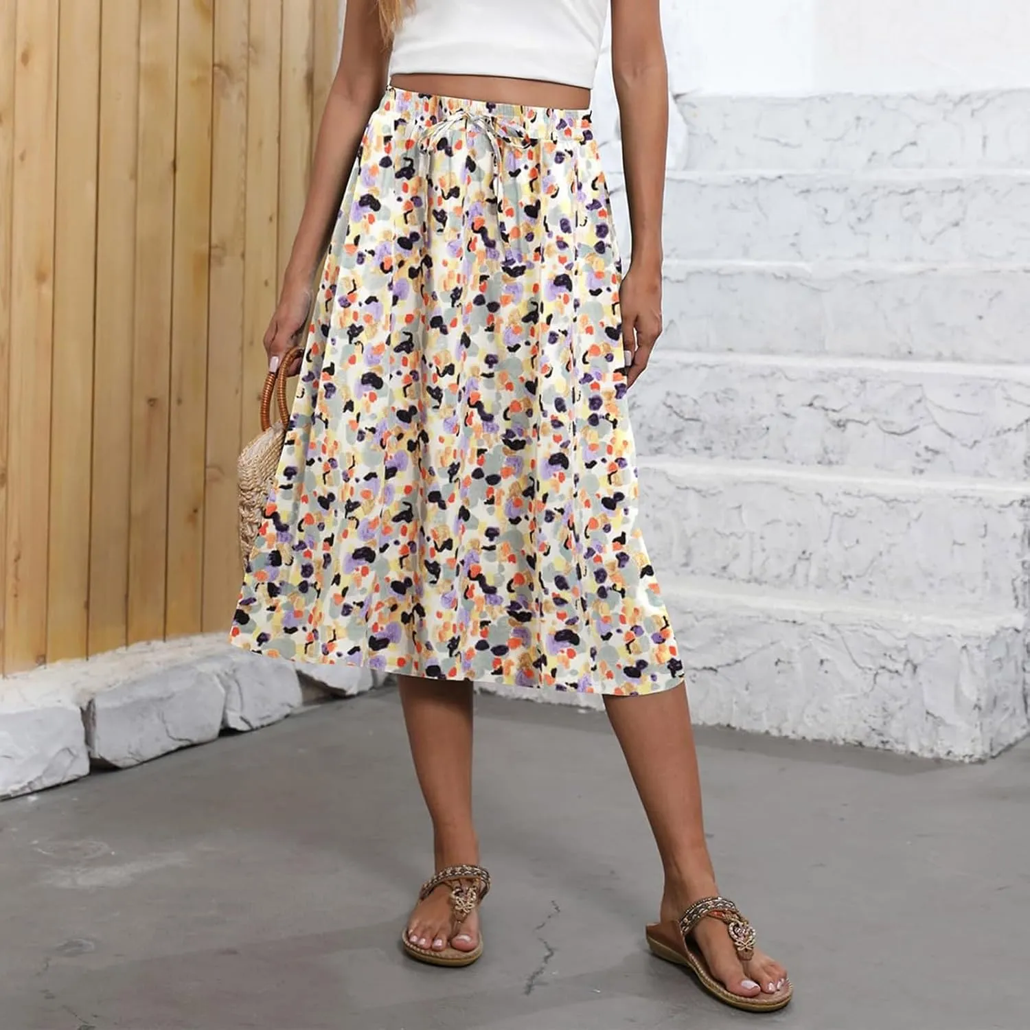 Casual Summer Skirts for Women Floral Midi Skirts Drawstring Elastic Waist Knee Length Skirt A Line Skirt with Pocket