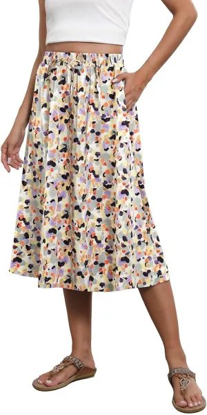Casual Summer Skirts for Women Floral Midi Skirts Drawstring Elastic Waist Knee Length Skirt A Line Skirt with Pocket