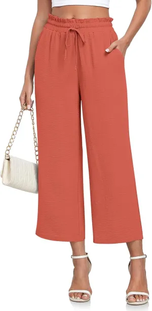CATHY Womens Casual Wide Leg Pants Drawstring High Waisted Trousers with Pockets