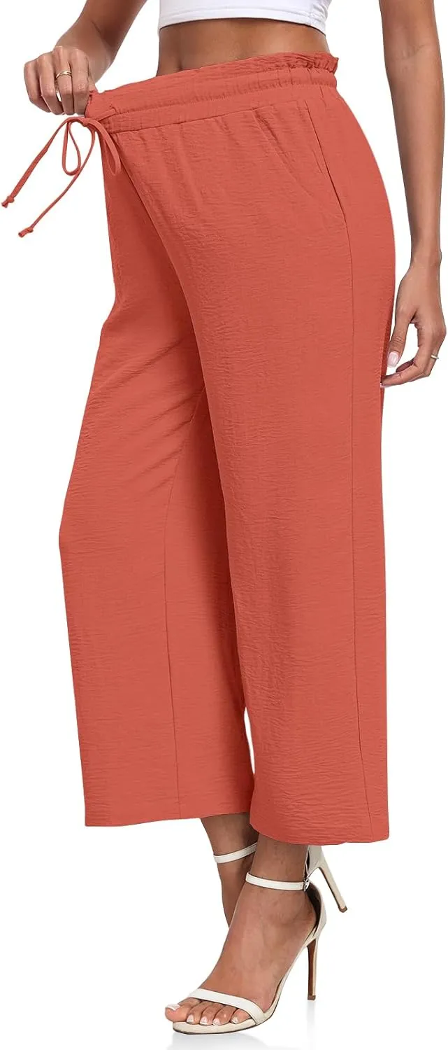 CATHY Womens Casual Wide Leg Pants Drawstring High Waisted Trousers with Pockets