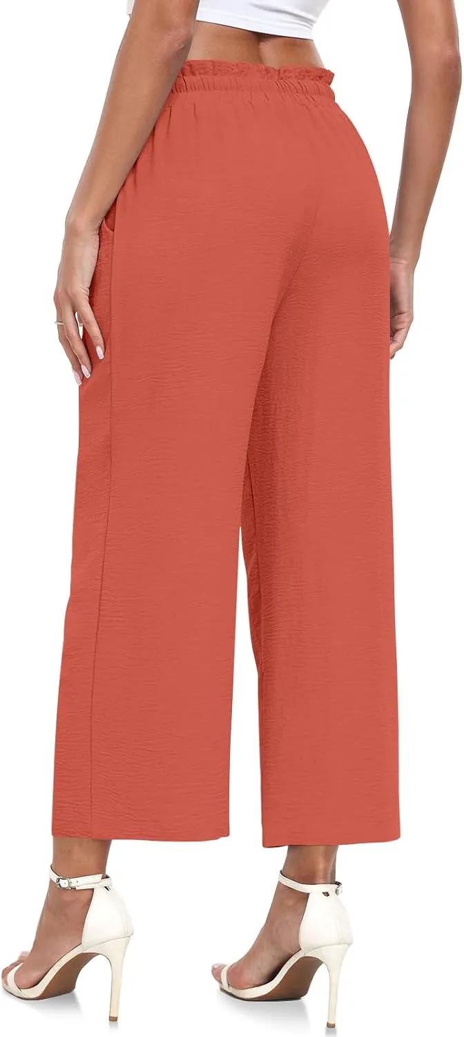 CATHY Womens Casual Wide Leg Pants Drawstring High Waisted Trousers with Pockets