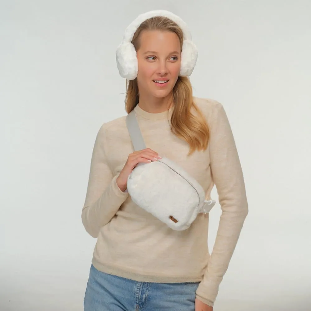 C.C Faux Fur Fanny Pack For Women Unisex - Fuzzy Daily Waist Crossbody Belt bag With Adjustable Strap (Ivory)