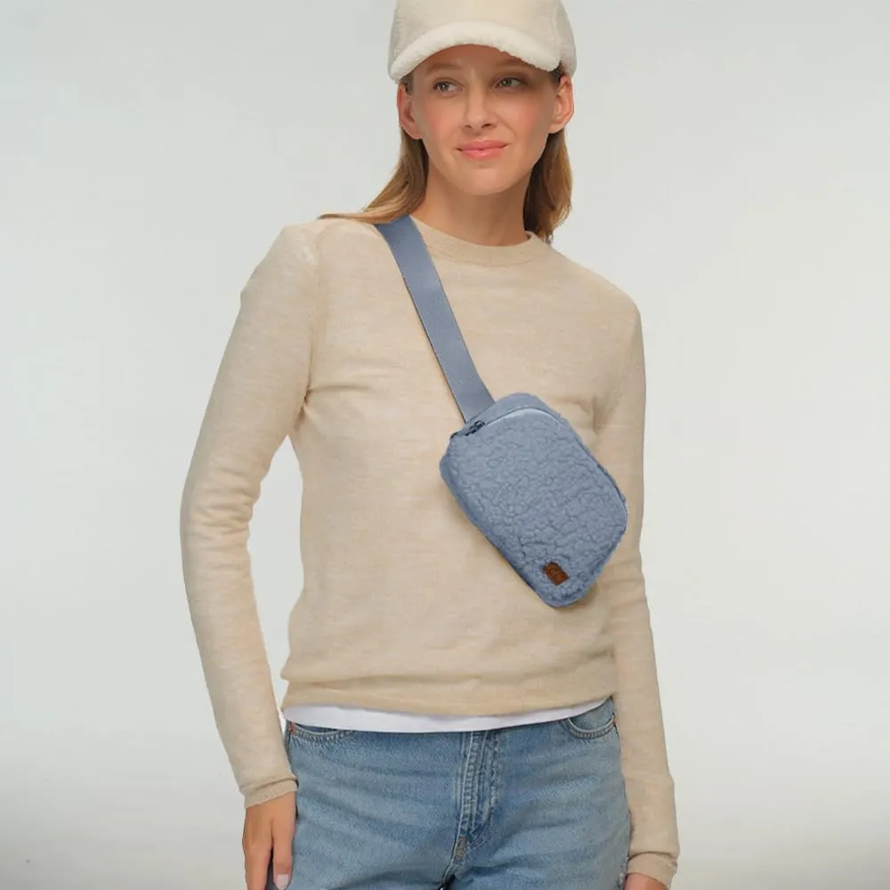 C.C Sherpa Fanny Pack For Women Unisex - Fuzzy Daily Waist Crossbody Belt bag With Adjustable Strap (Denim)