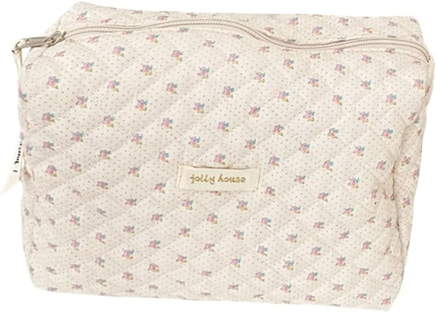 Cessfle Kawaii Cotton Makeup Bag Large Travel Cosmetic Bag Quilted Coquette Makeup Pouch Aesthetic Floral Toiletry Bag, (7lj9ky1zu2jy4az3D0102)