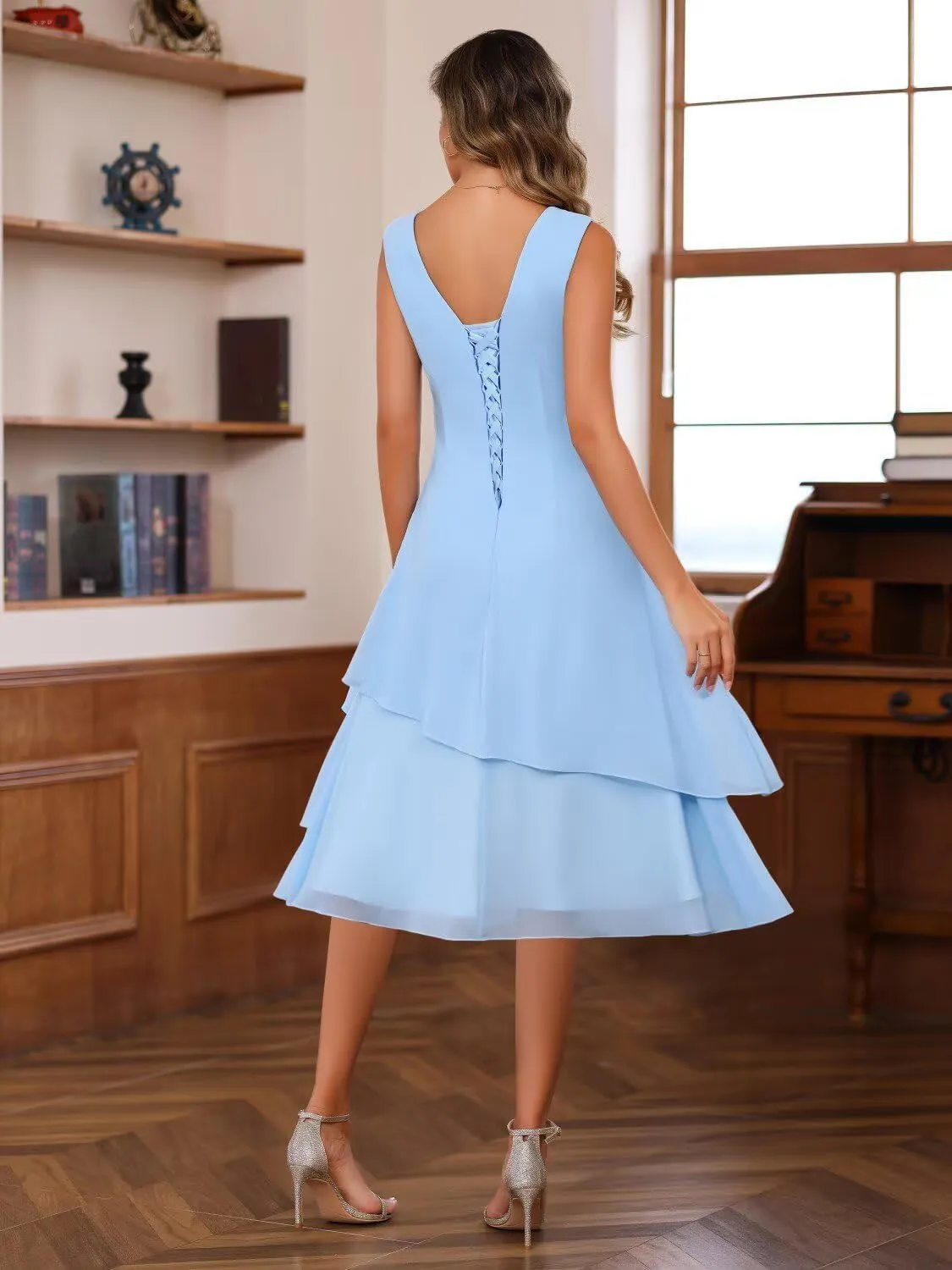Chiffon 2 Pieces Mother of The Bride Dresses with Jacket Tiered Crew Neck Formal Evening Dress Hi006