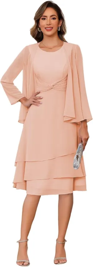 Chiffon 2 Pieces Mother of The Bride Dresses with Jacket Tiered Crew Neck Formal Evening Dress Hi006