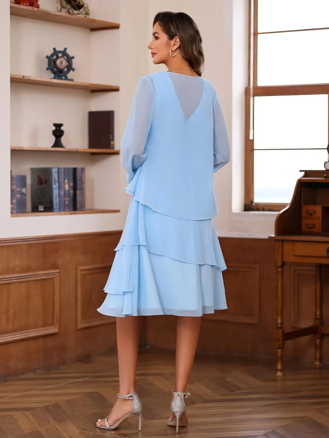 Chiffon 2 Pieces Mother of The Bride Dresses with Jacket Tiered Crew Neck Formal Evening Dress Hi006