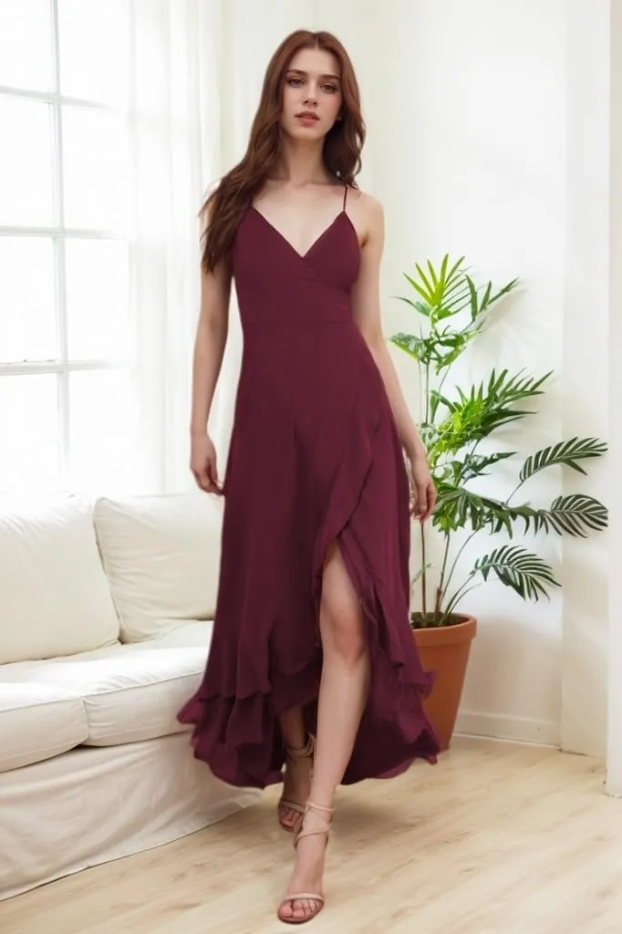 Chiffon Bridesmaid Dresses for Women Spaghetti Strap Prom Dresses V Neck Pleated Ruffle Evening Gown with Slit UU138