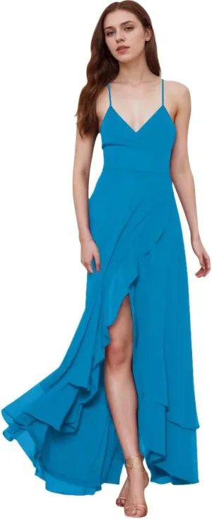 Chiffon Bridesmaid Dresses for Women Spaghetti Strap Prom Dresses V Neck Pleated Ruffle Evening Gown with Slit UU138