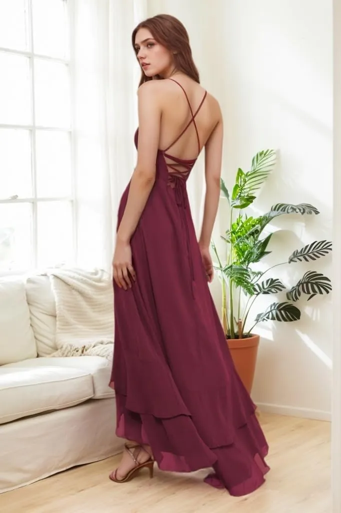 Chiffon Bridesmaid Dresses for Women Spaghetti Strap Prom Dresses V Neck Pleated Ruffle Evening Gown with Slit UU138