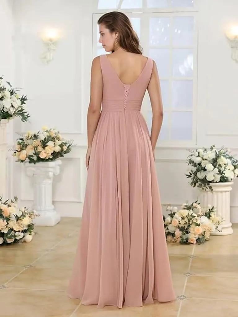 Chiffon Bridesmaid Dresses with Slit V Neck Prom Dresses A Line Ruffles Wedding Guest Dress with Pockets UU175
