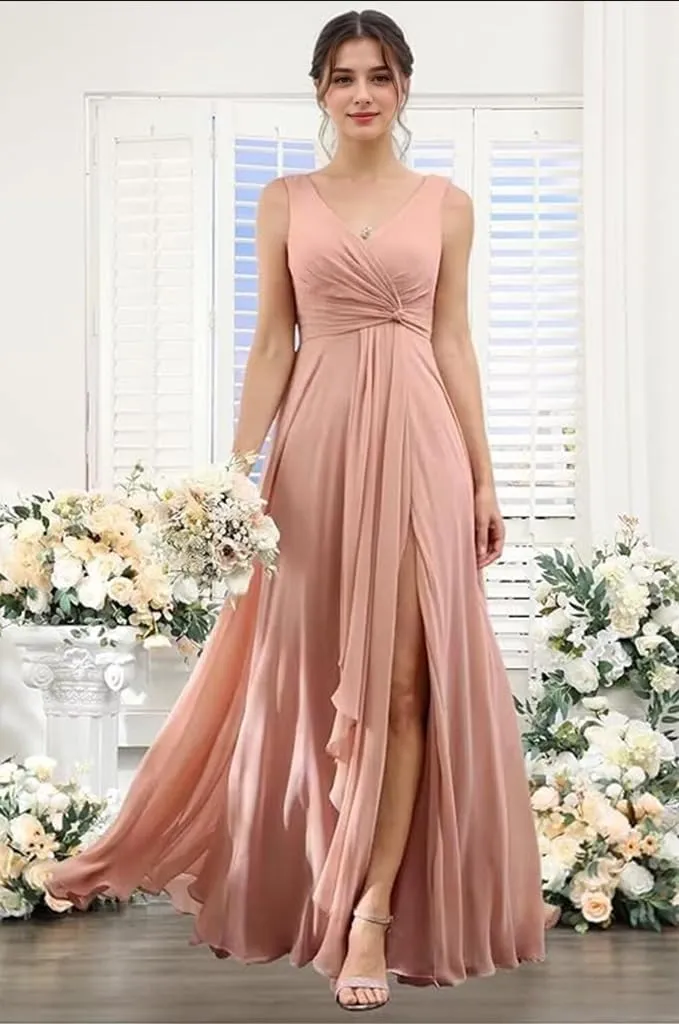 Chiffon Bridesmaid Dresses with Slit V Neck Prom Dresses A Line Ruffles Wedding Guest Dress with Pockets UU175