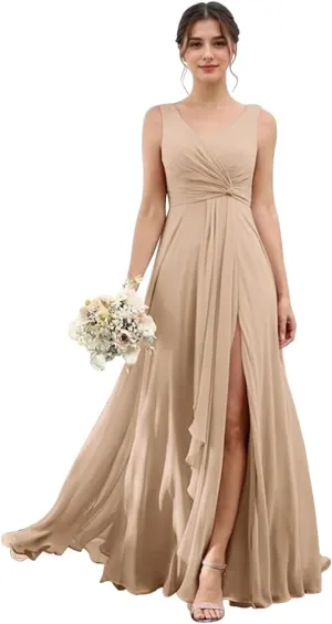 Chiffon Bridesmaid Dresses with Slit V Neck Prom Dresses A Line Ruffles Wedding Guest Dress with Pockets UU175