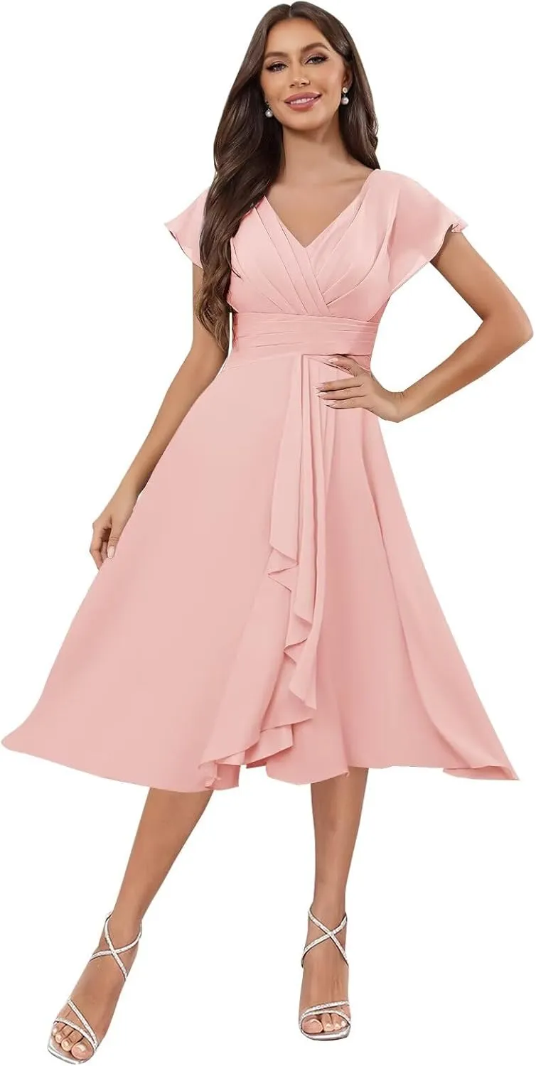 Chiffon Short Bridesmaid Dresses for Women V Neck A-Line Short Sleeve Ruffle Corset Maid of Honor Dress