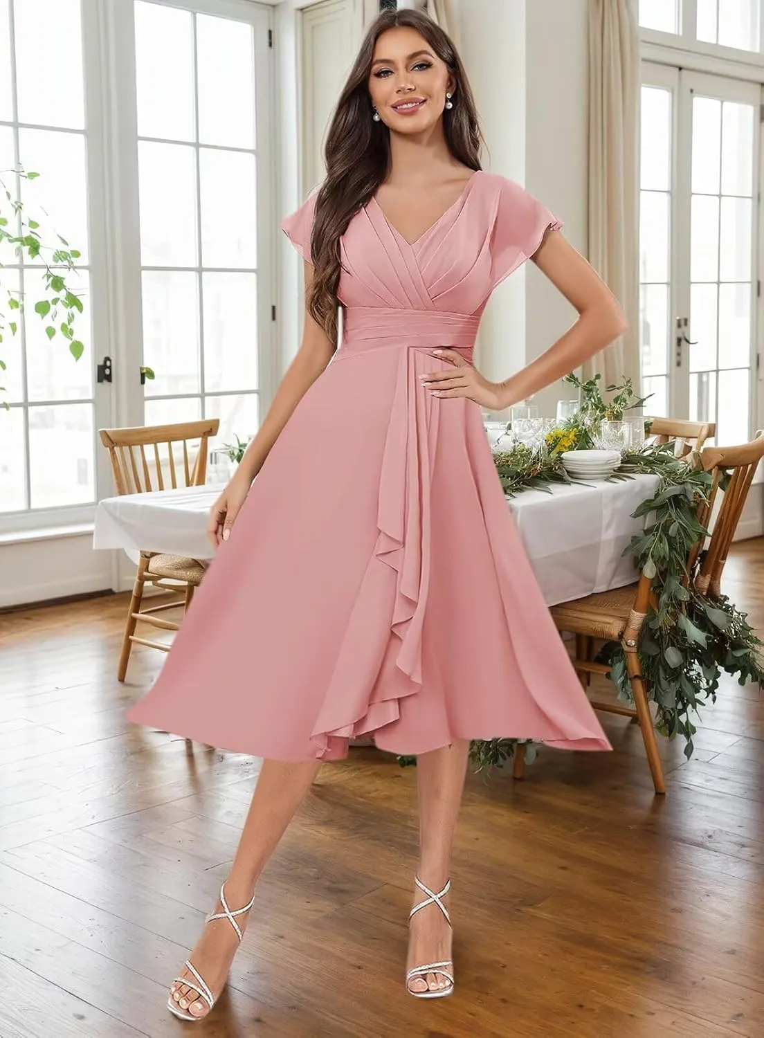 Chiffon Short Bridesmaid Dresses for Women V Neck A-Line Short Sleeve Ruffle Corset Maid of Honor Dress