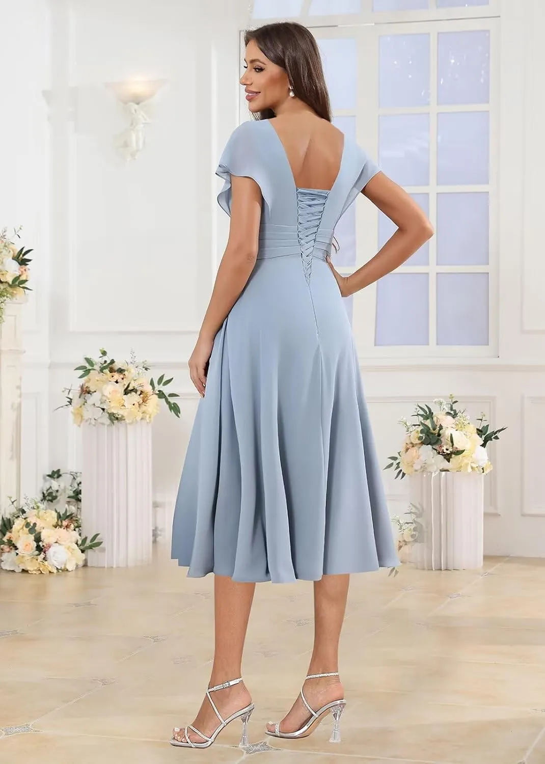 Chiffon Short Bridesmaid Dresses for Women V Neck A-Line Short Sleeve Ruffle Corset Maid of Honor Dress