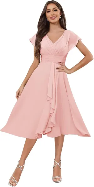 Chiffon Short Bridesmaid Dresses for Women V Neck A-Line Short Sleeve Ruffle Corset Maid of Honor Dress