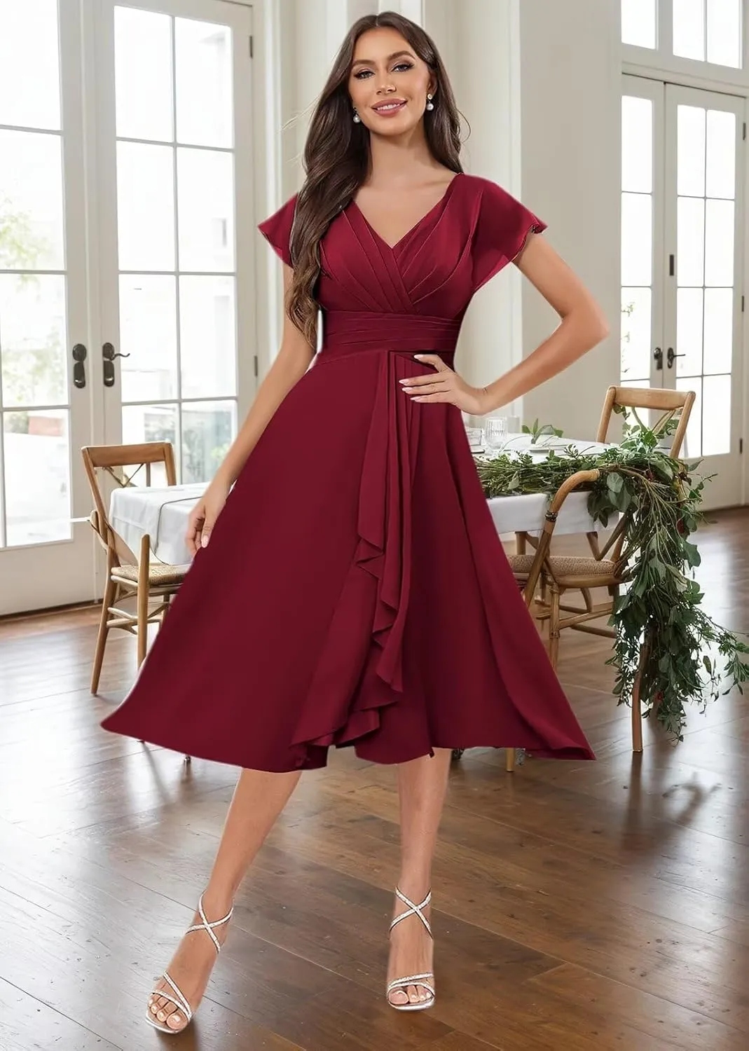 Chiffon Short Bridesmaid Dresses for Women V Neck A-Line Short Sleeve Ruffle Corset Maid of Honor Dress