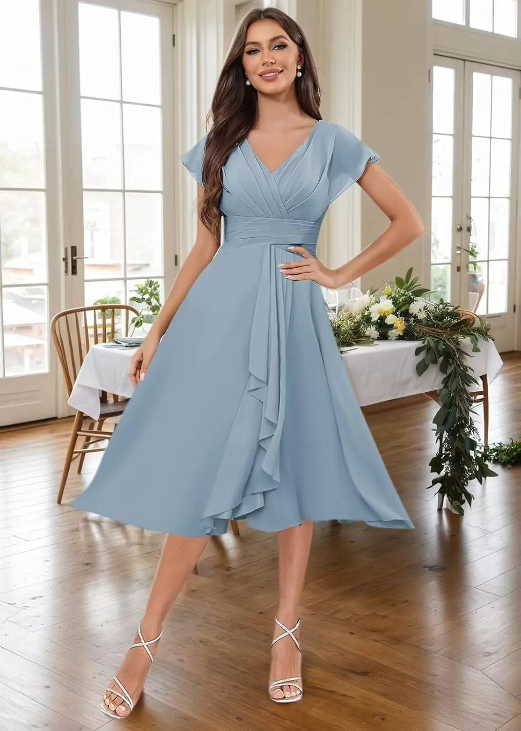 Chiffon Short Bridesmaid Dresses for Women V Neck A-Line Short Sleeve Ruffle Corset Maid of Honor Dress
