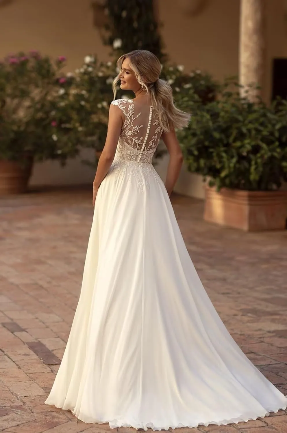 Chiffon Wedding Dresses for Bride V Neck A-Line Boho Beach Bridal Gowns with Slit