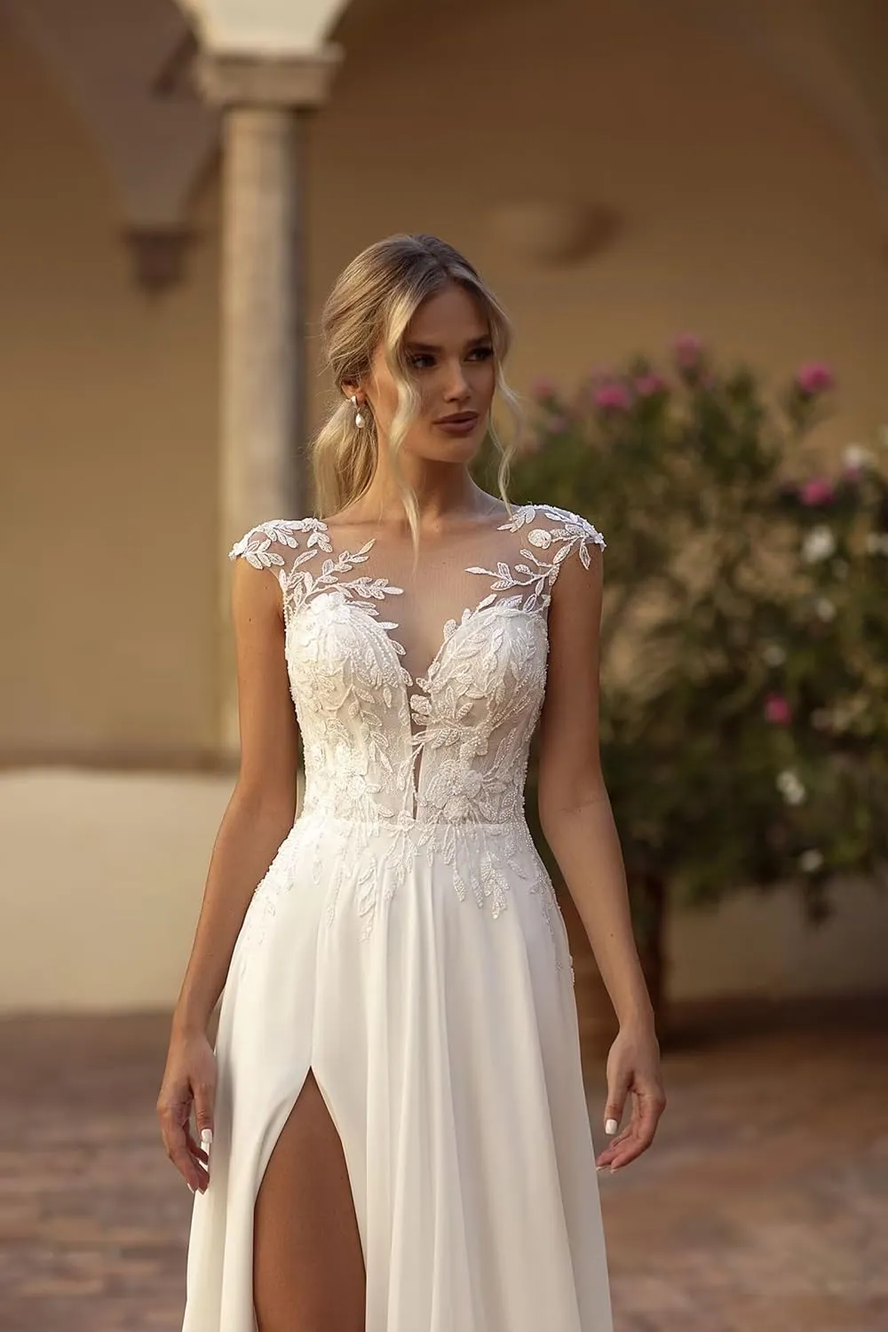 Chiffon Wedding Dresses for Bride V Neck A-Line Boho Beach Bridal Gowns with Slit