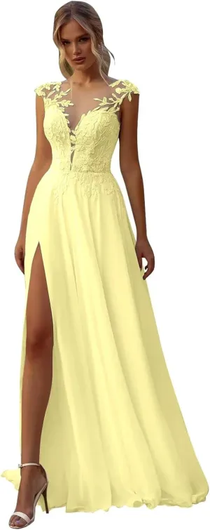 Chiffon Wedding Dresses for Bride V Neck A-Line Boho Beach Bridal Gowns with Slit