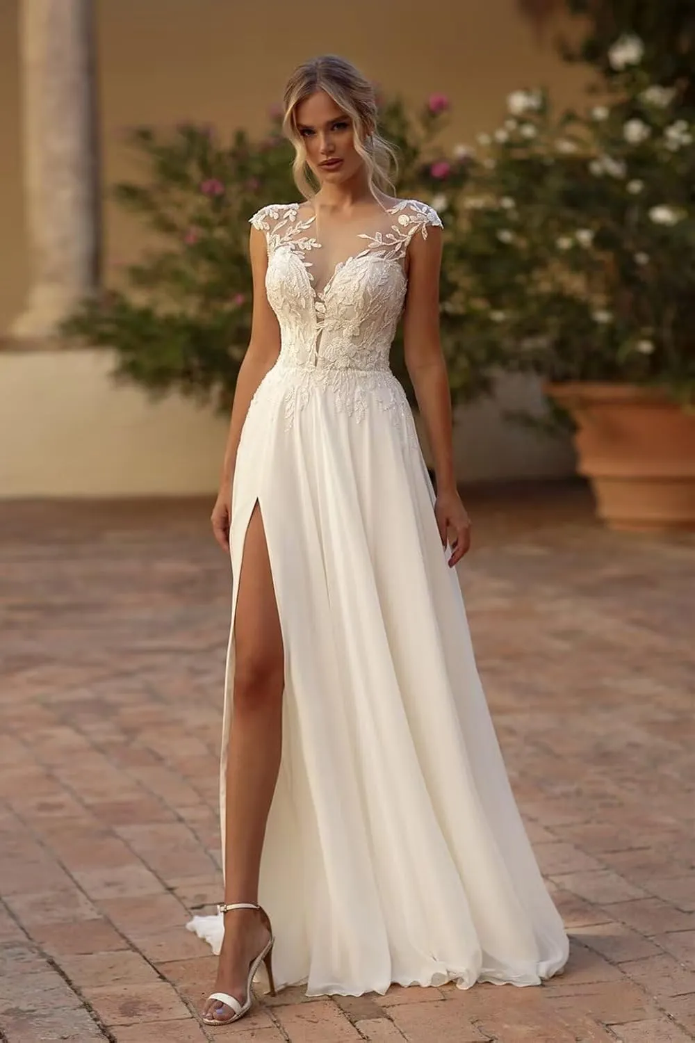 Chiffon Wedding Dresses for Bride V Neck A-Line Boho Beach Bridal Gowns with Slit