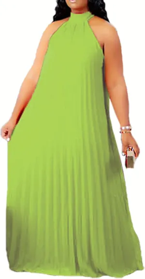 Choichic Plus Size Maxi Dresses for Women Sleeveless Halter Neck Chiffon Pleated Loose Flowy Long Summer Beach Dresses