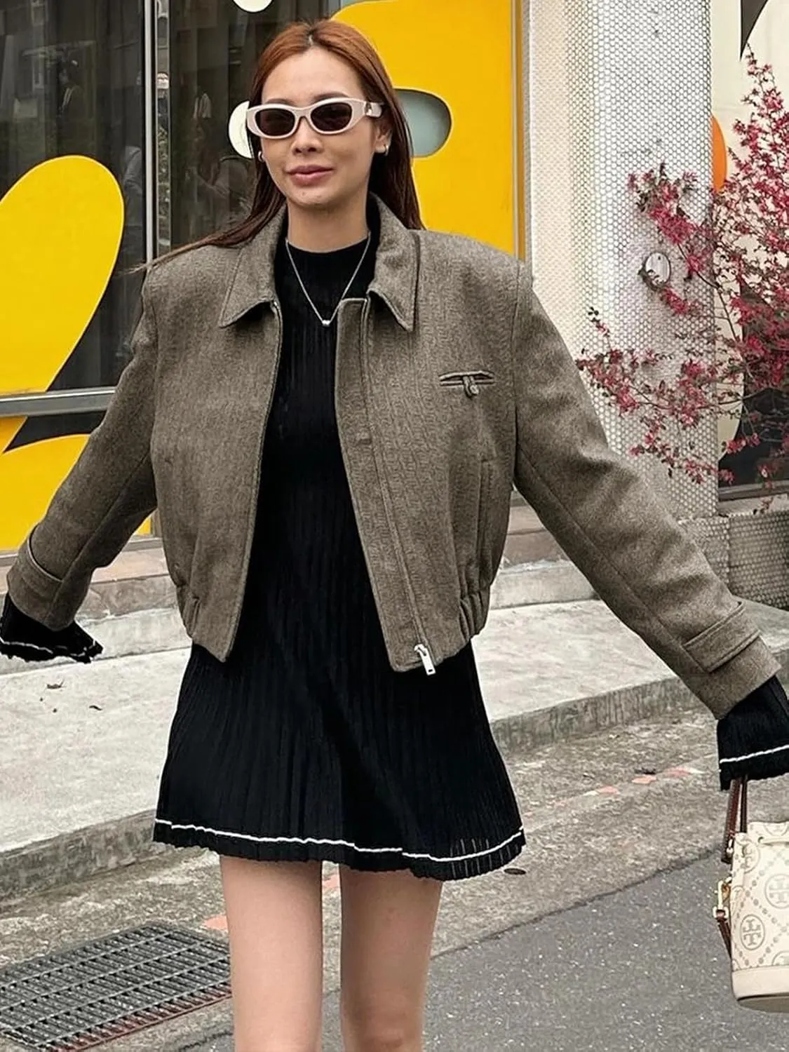 Cicy Bell Womens Cropped Tweed Blazer Fall Casual Dressy Zip Up Work Office Jacket Outerwear