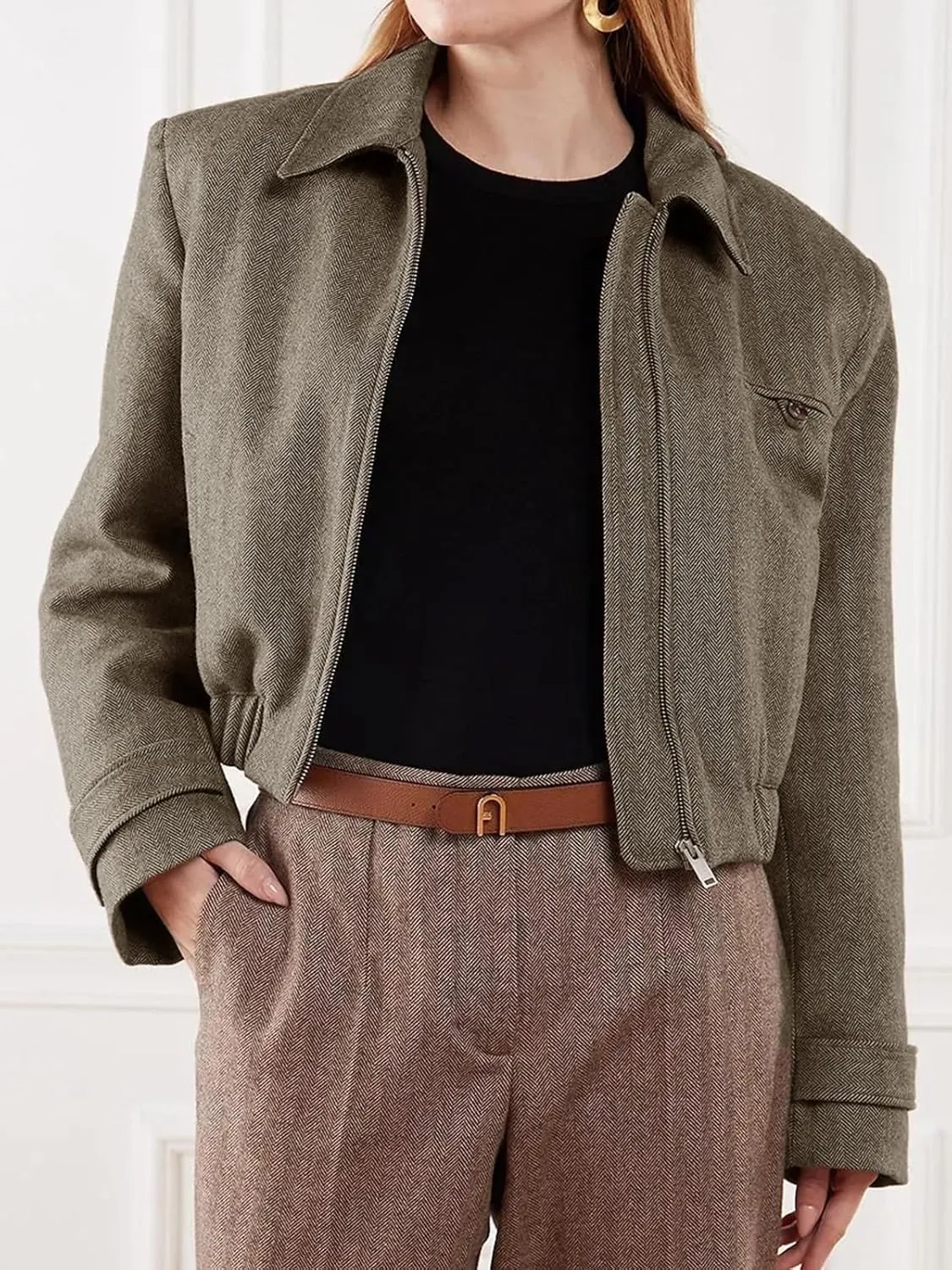 Cicy Bell Womens Cropped Tweed Blazer Fall Casual Dressy Zip Up Work Office Jacket Outerwear