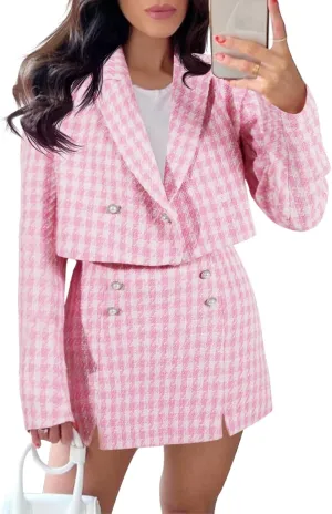 Cicy Bell Womens Cropped Tweed Blazer Sets 2 Piece Outfits and Mini Skirt Sets Business Casual Suits