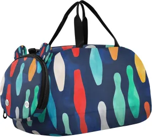 Colorful Bowling Pin Pattern Duffle Bag for Kids Girls Boys, Sports Gym Bag with Shoe Compartments, Kids Travel Overnight Weekender Shoulder Bag